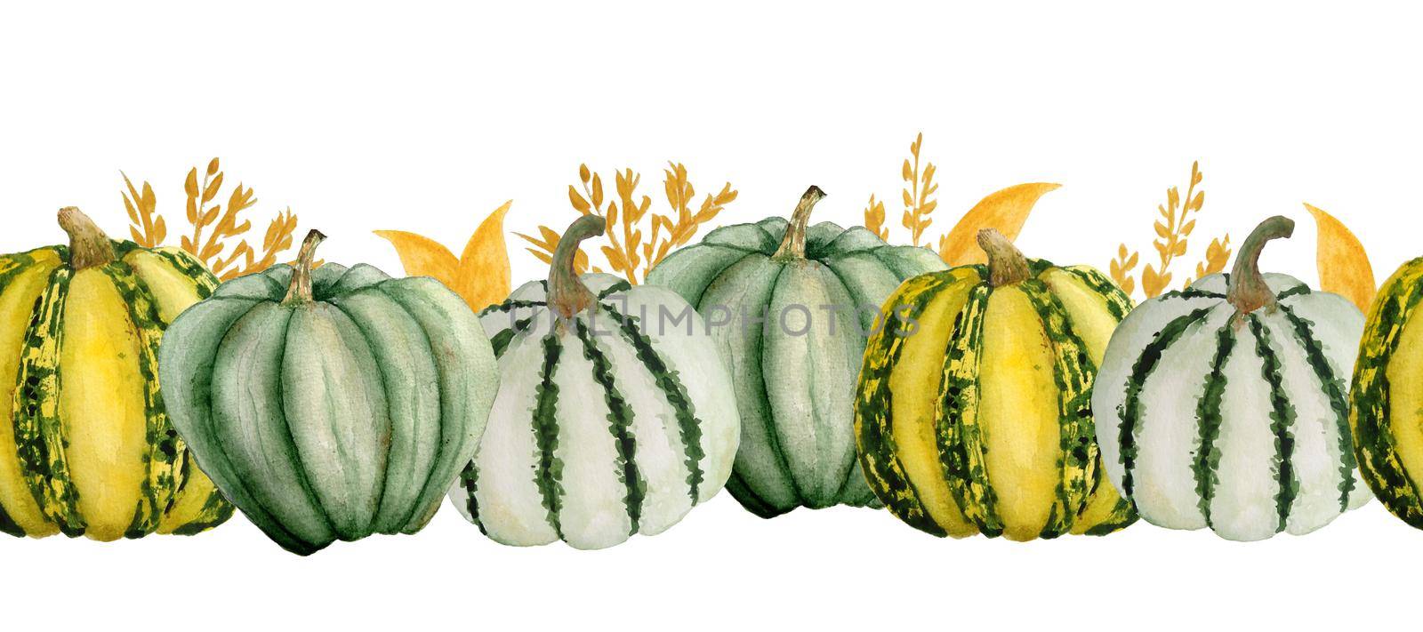 Watercolor hand drawn seamless horizontal border with green pumpkins yellow leaves, organic farmers food ingridient. Halloween thanksgiving celebration design illustration. Autumn fall harvest label. by Lagmar