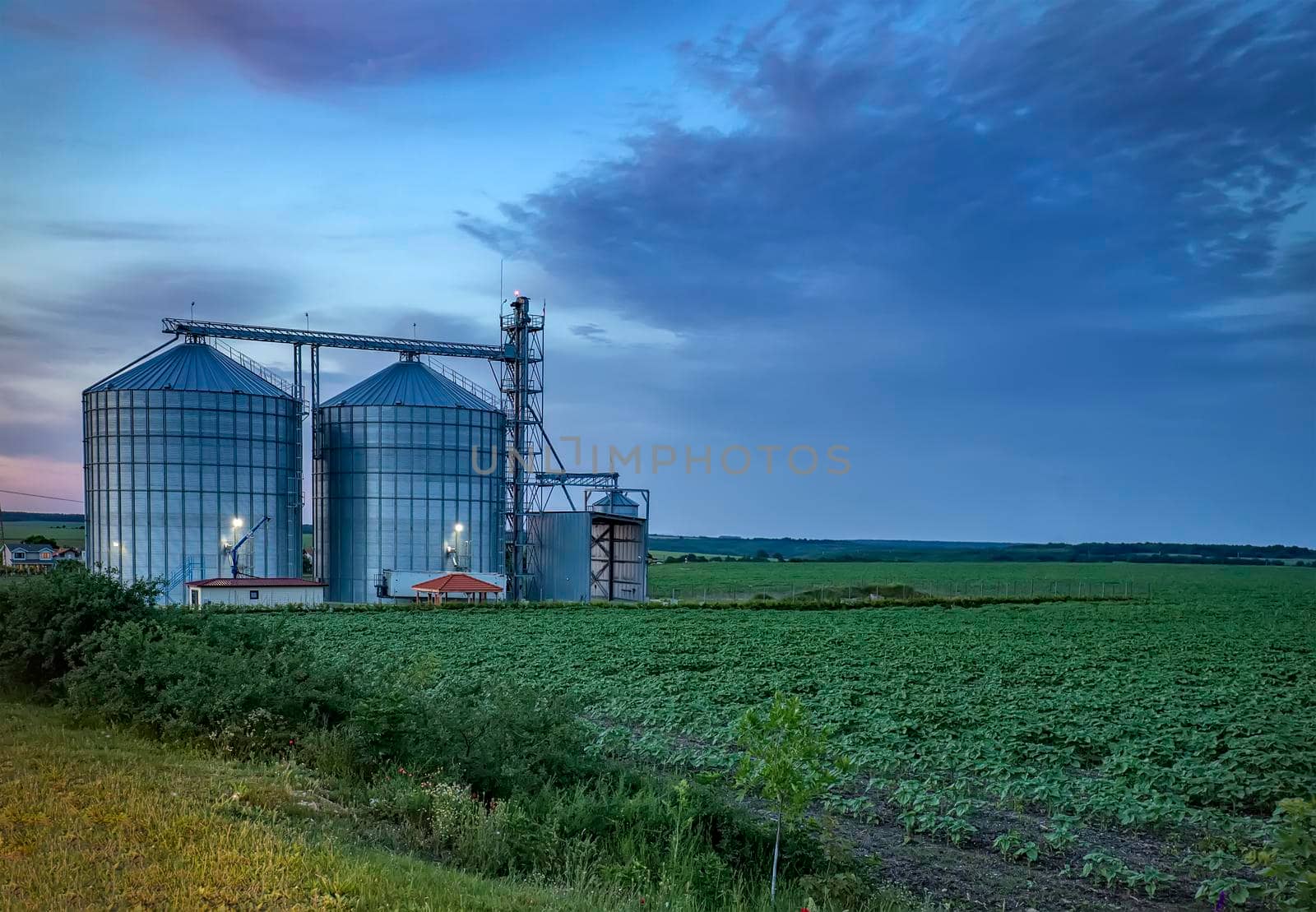 Landscape with modern agricultural Silo. Set of storage tanks cultivated agricultural crops processing plant.