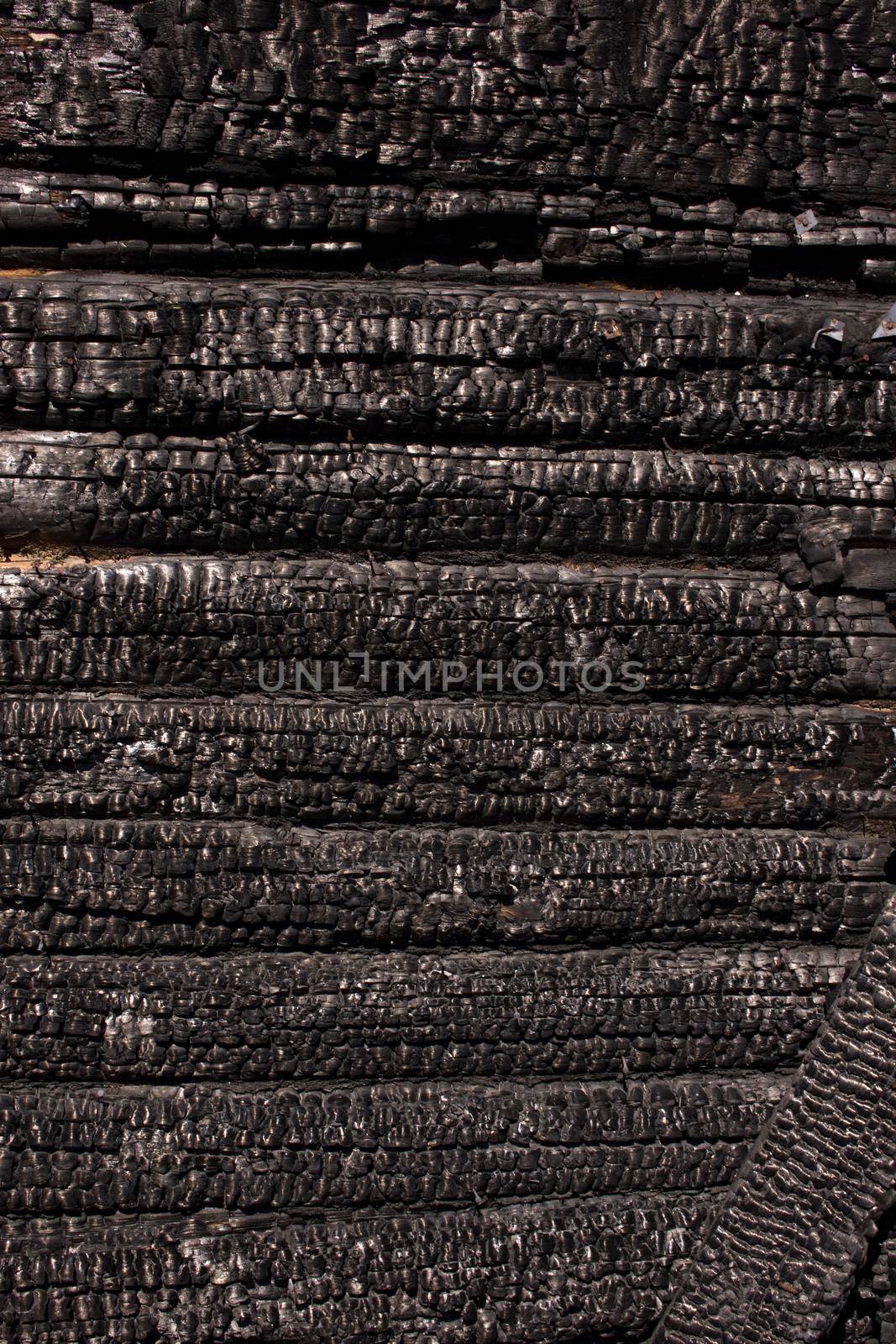 Natural fire ashes with dark grey black coals texture. It is a flammable black hard rock. copyspace by kajasja