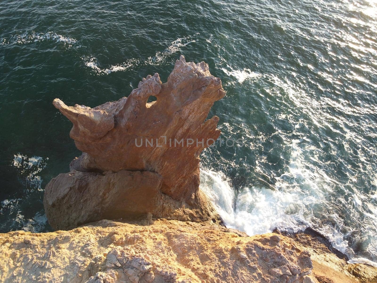 The rock or lava formation with the shape of a large animal or dragon head arise from the water. Popular travel destination volcanic rock formation in the shape of a dragon's head. Crimea, Fiolent