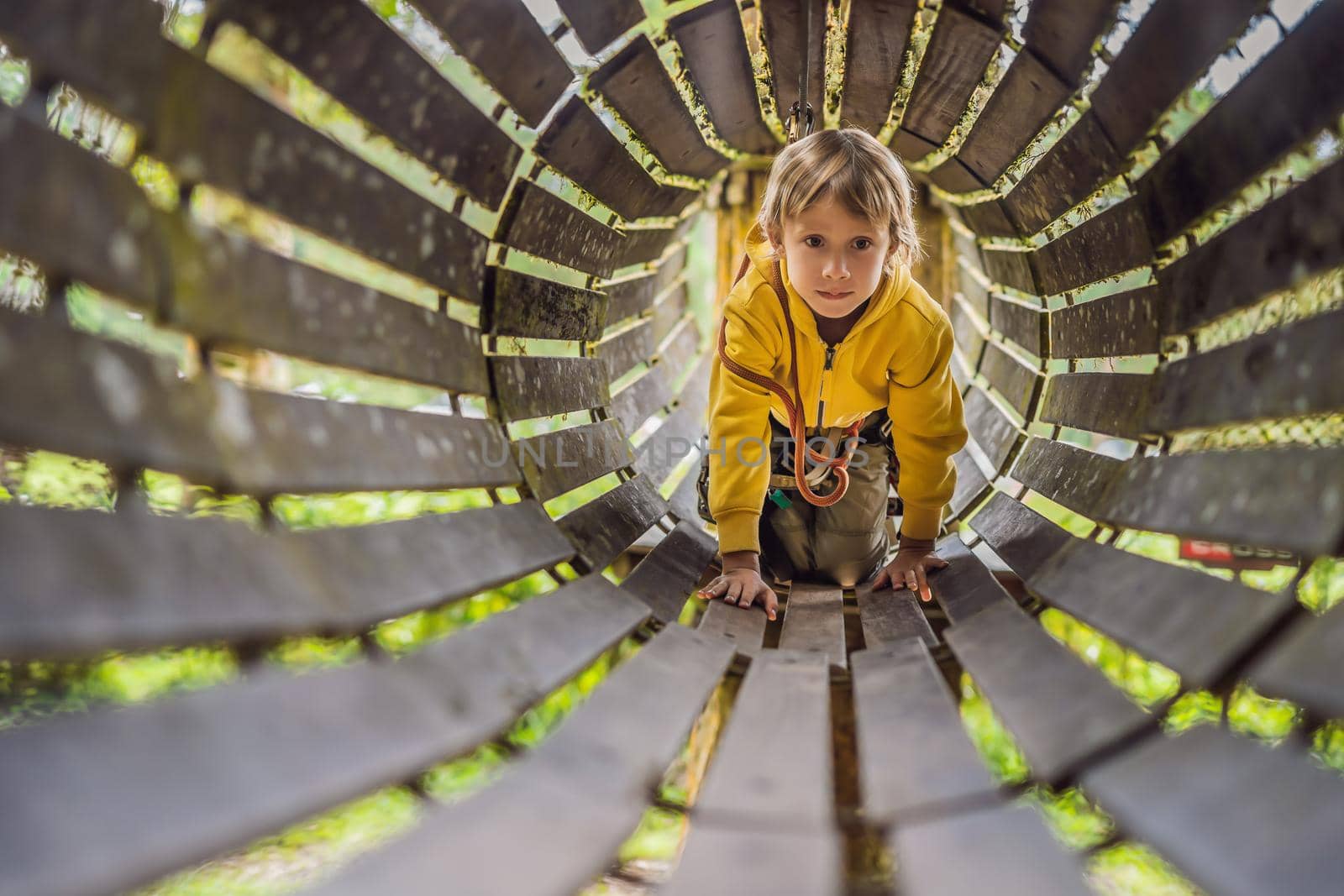 Little boy in a rope park. Active physical recreation of the child in the fresh air in the park. Training for children.