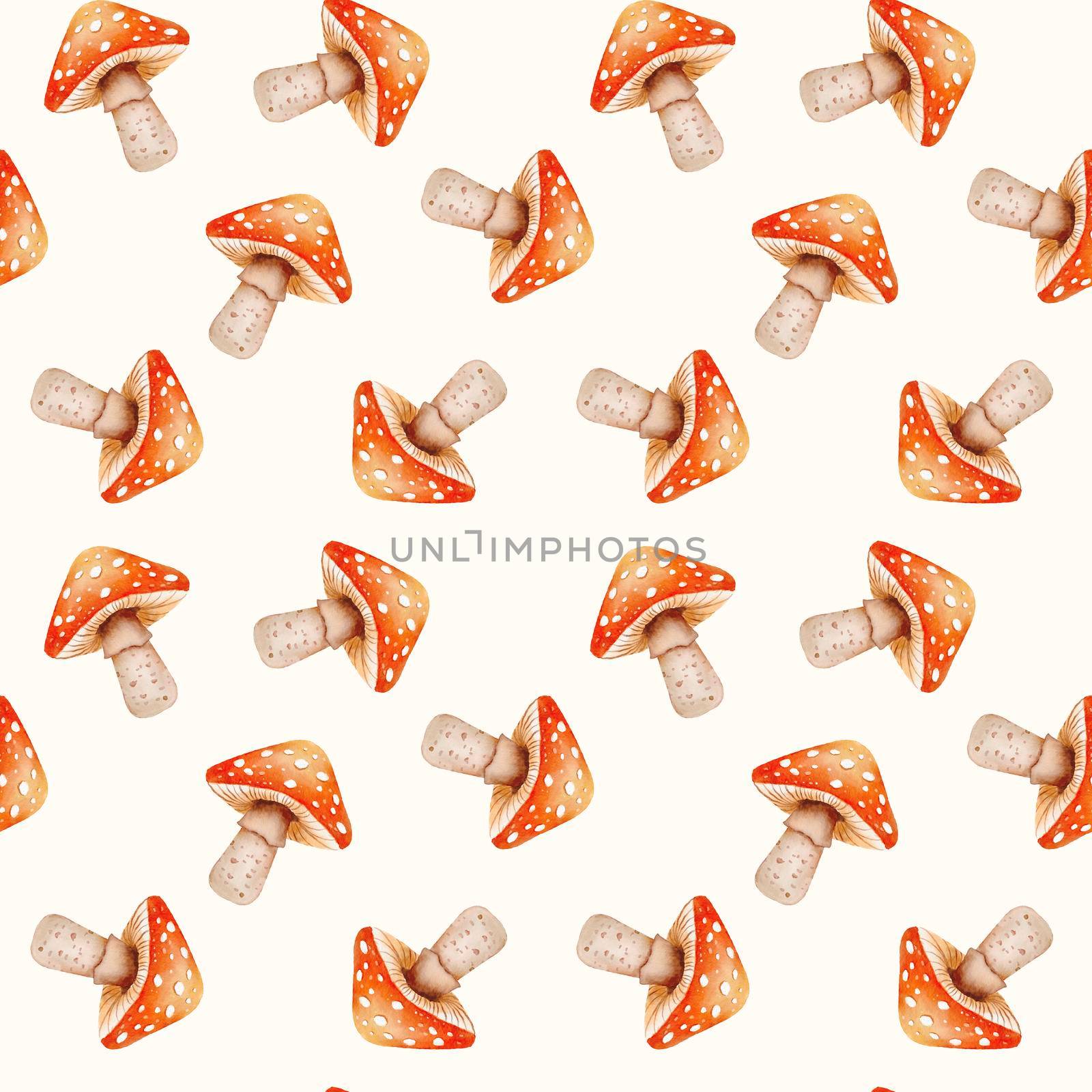 Cute watercolor seamless pattern with fly agarics on white. Endless background with mushrooms