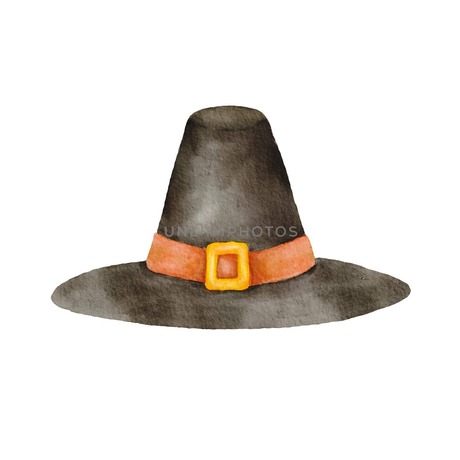 Watercolor Pilgrim hat. Hand drawn illustration isolated on white. Traditional black hat as symbol of Thanksgiving holiday