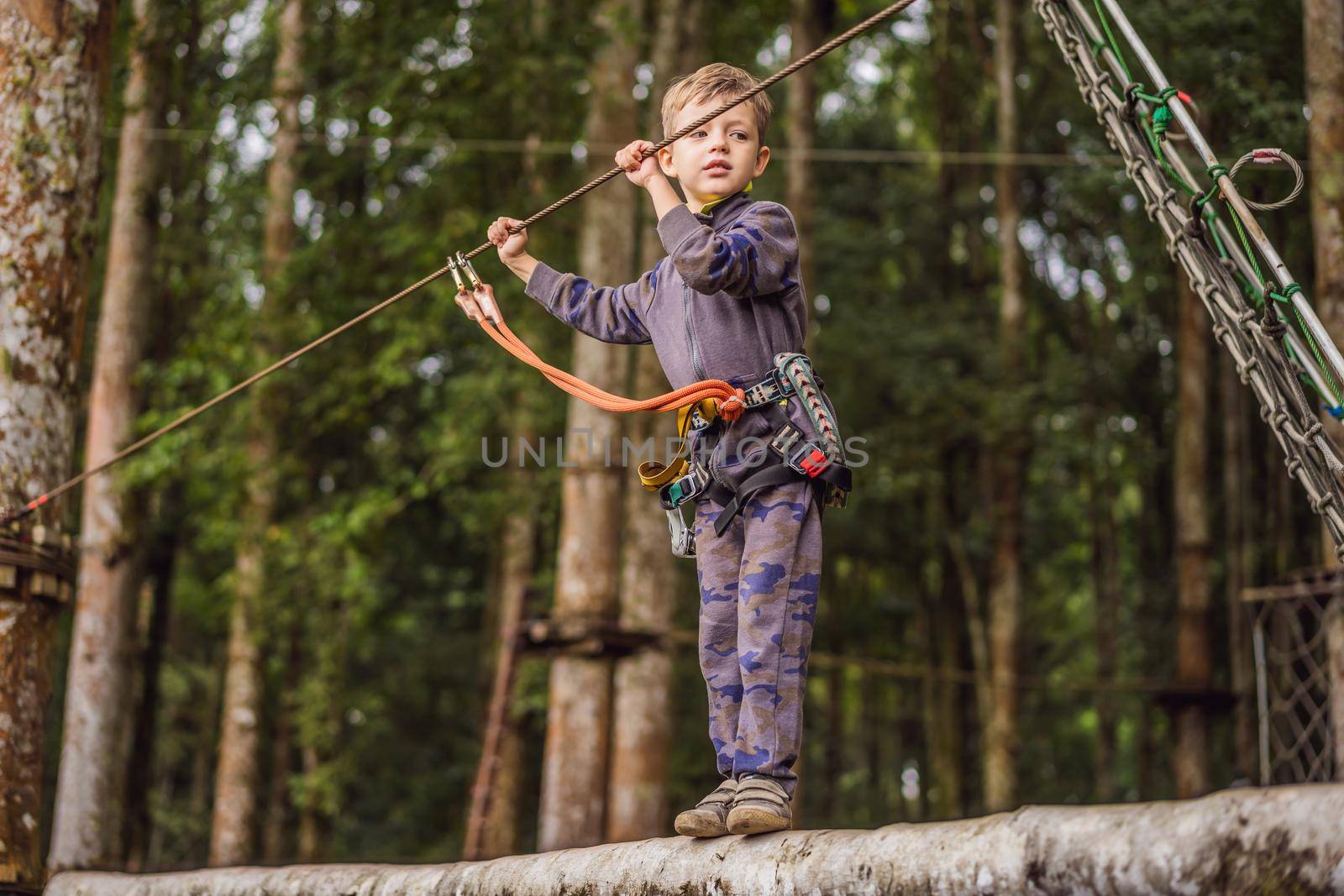 Little boy in a rope park. Active physical recreation of the child in the fresh air in the park. Training for children.