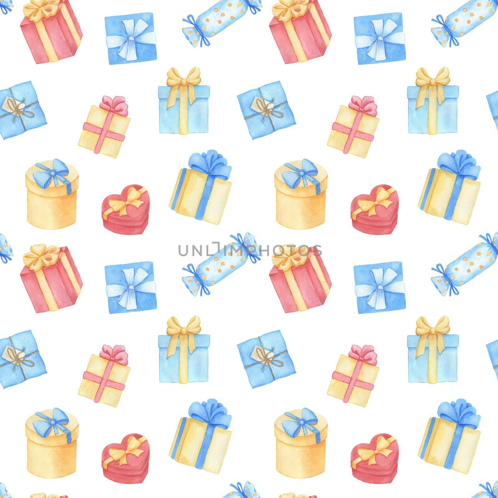 Seamless pattern. Watercolor drawing gift box with bow. Hand drawn illustration isolated on white background