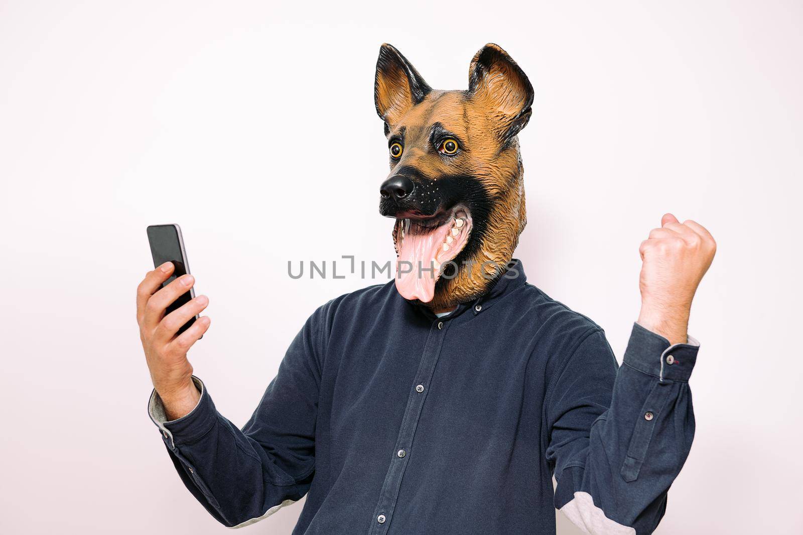 person with a dog mask looking at the phone and making winning gestures on white background, concept of success and technology