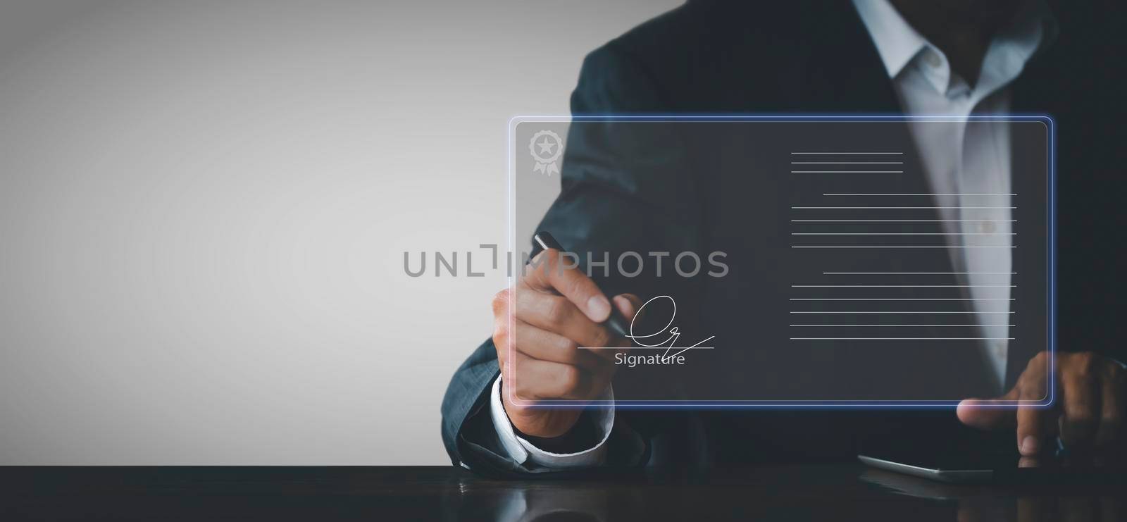 businessman use electronic pen sign signature on electronic  E-signing, data sheet document management, paperless office concept. Businessman using stylus pen signing e document on digital tablet.