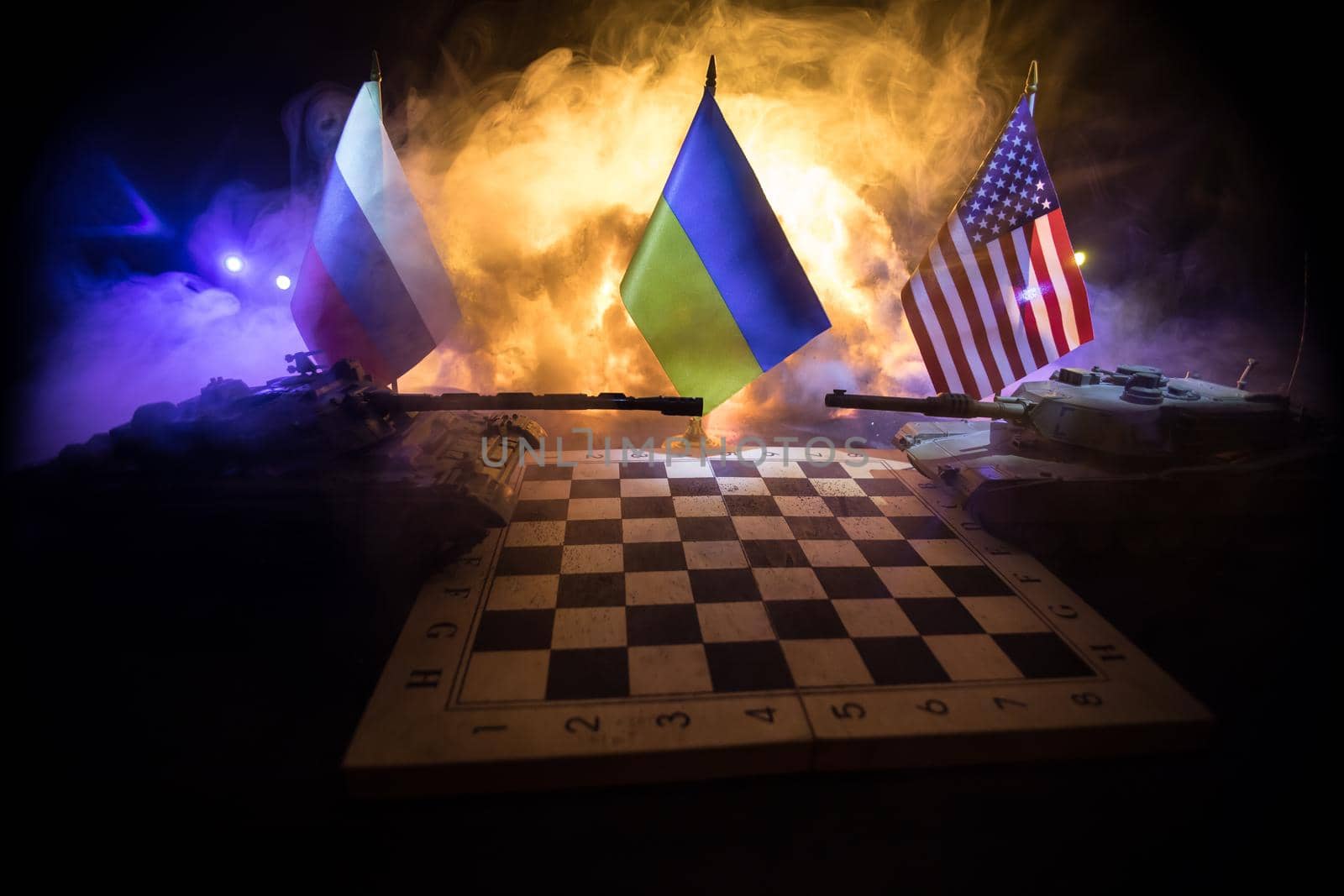 War between Russia and Ukraine, conceptual image of war using chess board and national flags on the background of explosion. Ukrainian and Russian crisis, political conflict. Selective focus