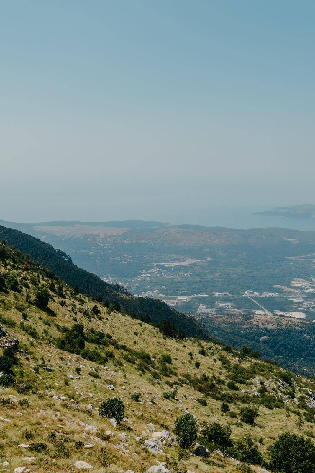 Beautiful nature mountains landscape. Kotor bay, Montenegro. Views of the Boka Bay, with the cities of Kotor and Tivat with the top of the mountain, Montenegro.