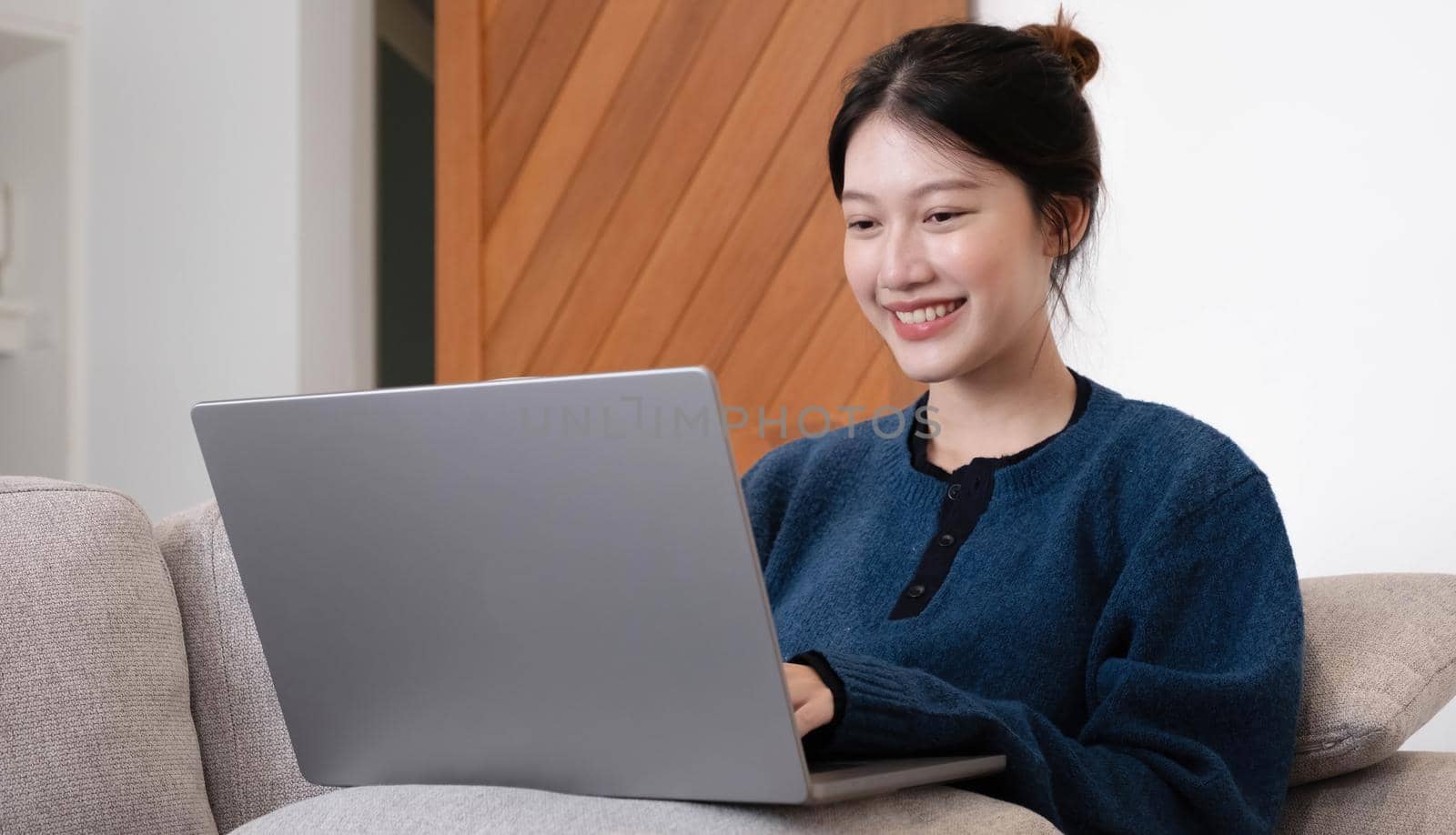 Asian Girl Working on Laptop Online, Using Internet, Sitting on Sofa at Home, Free Space.