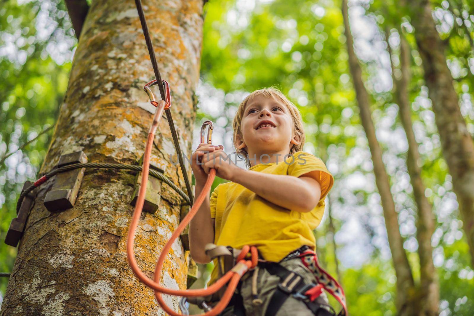 Little boy in a rope park. Active physical recreation of the child in the fresh air in the park. Training for children.