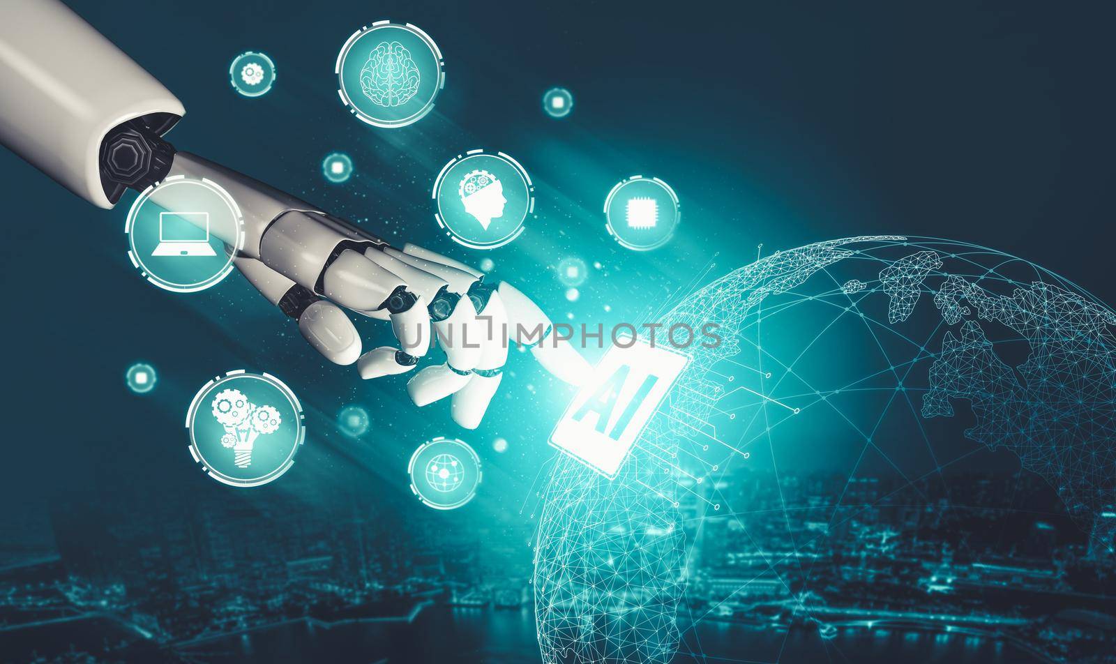 3D rendering futuristic droid robot technology development, artificial intelligence AI, and machine learning concept. Global robotic bionic science research for future of human life.