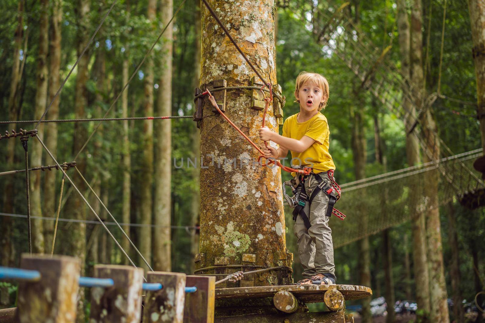 Little boy in a rope park. Active physical recreation of the child in the fresh air in the park. Training for children.