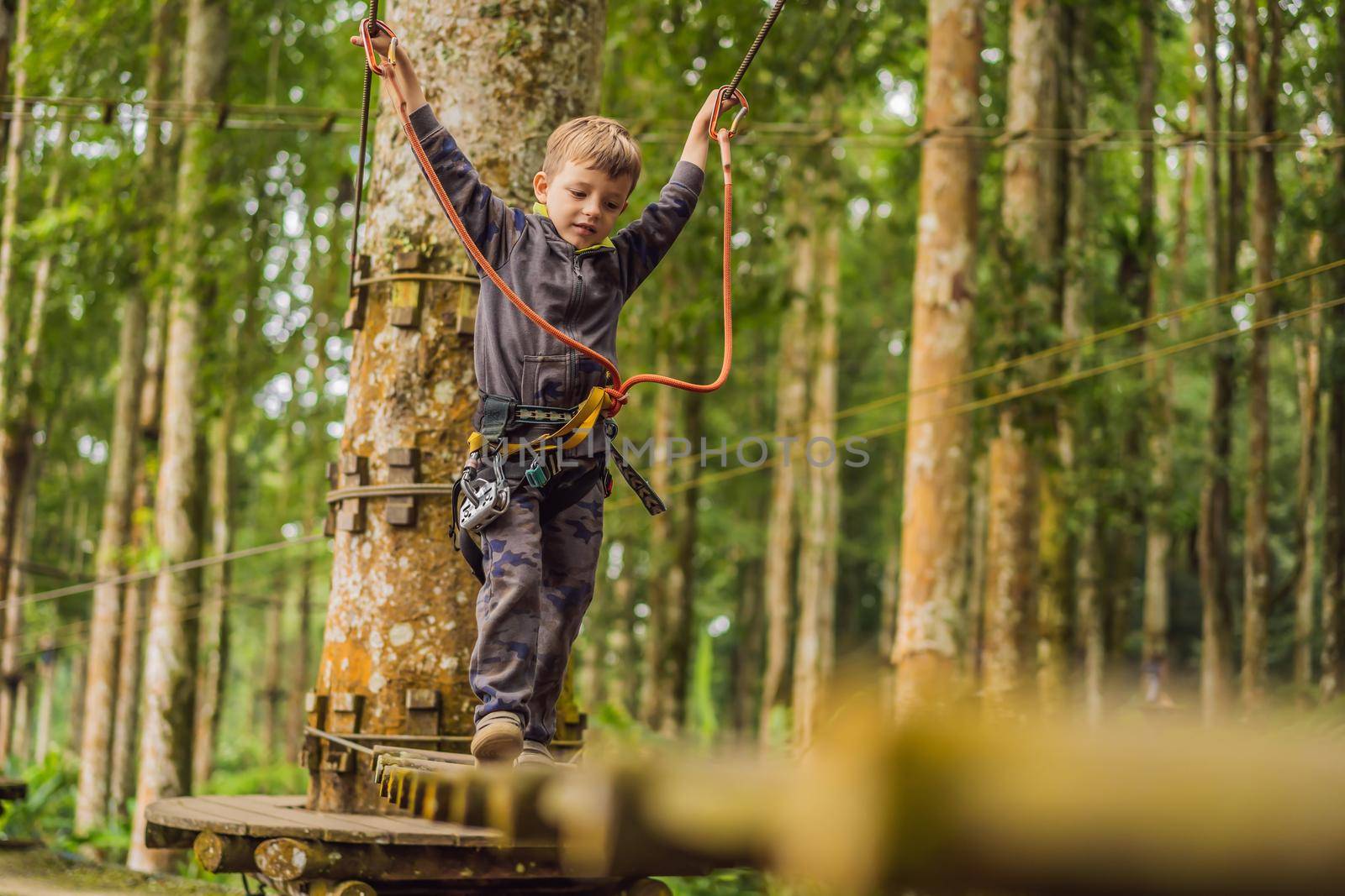 Little boy in a rope park. Active physical recreation of the child in the fresh air in the park. Training for children.