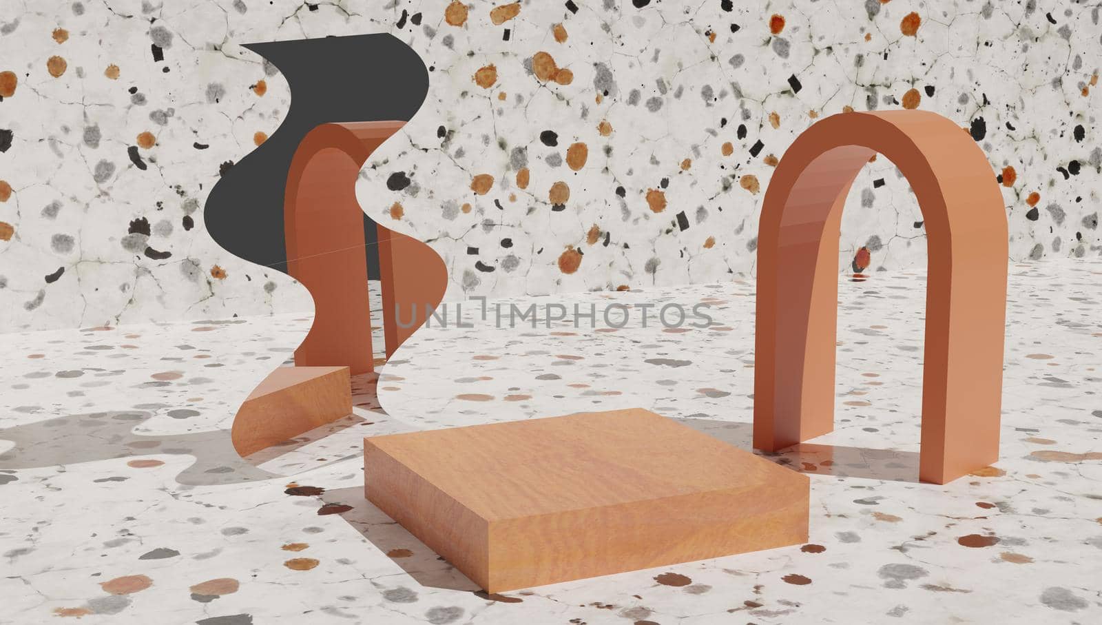 wood cylinder podium, product display stand on floor mosaic background by jbruiz78