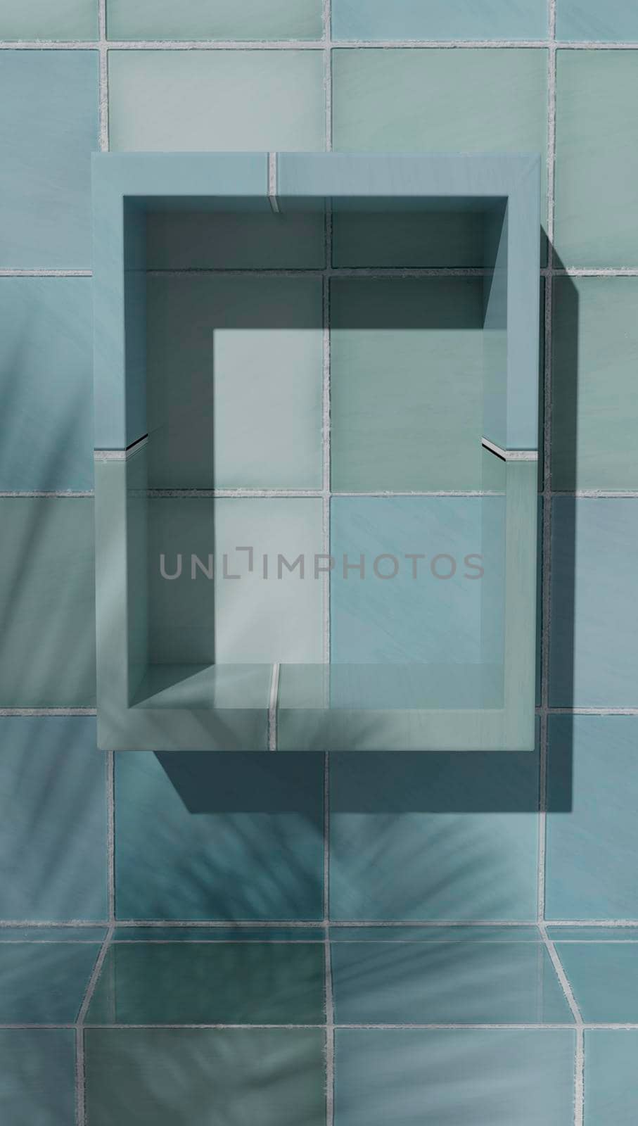 Sample of bathroom products on tiled backdrop for sample of perfumery and bathroom products.