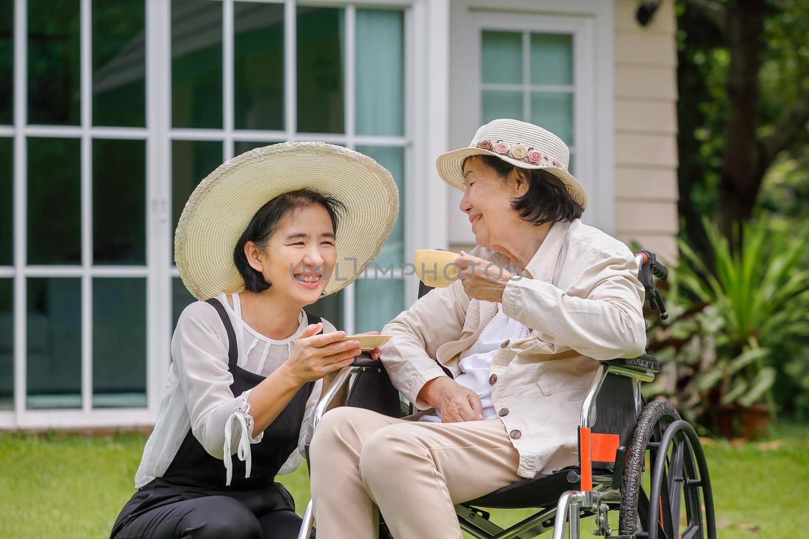 Elderly woman relax on wheelchair in backyard with daughter by toa55
