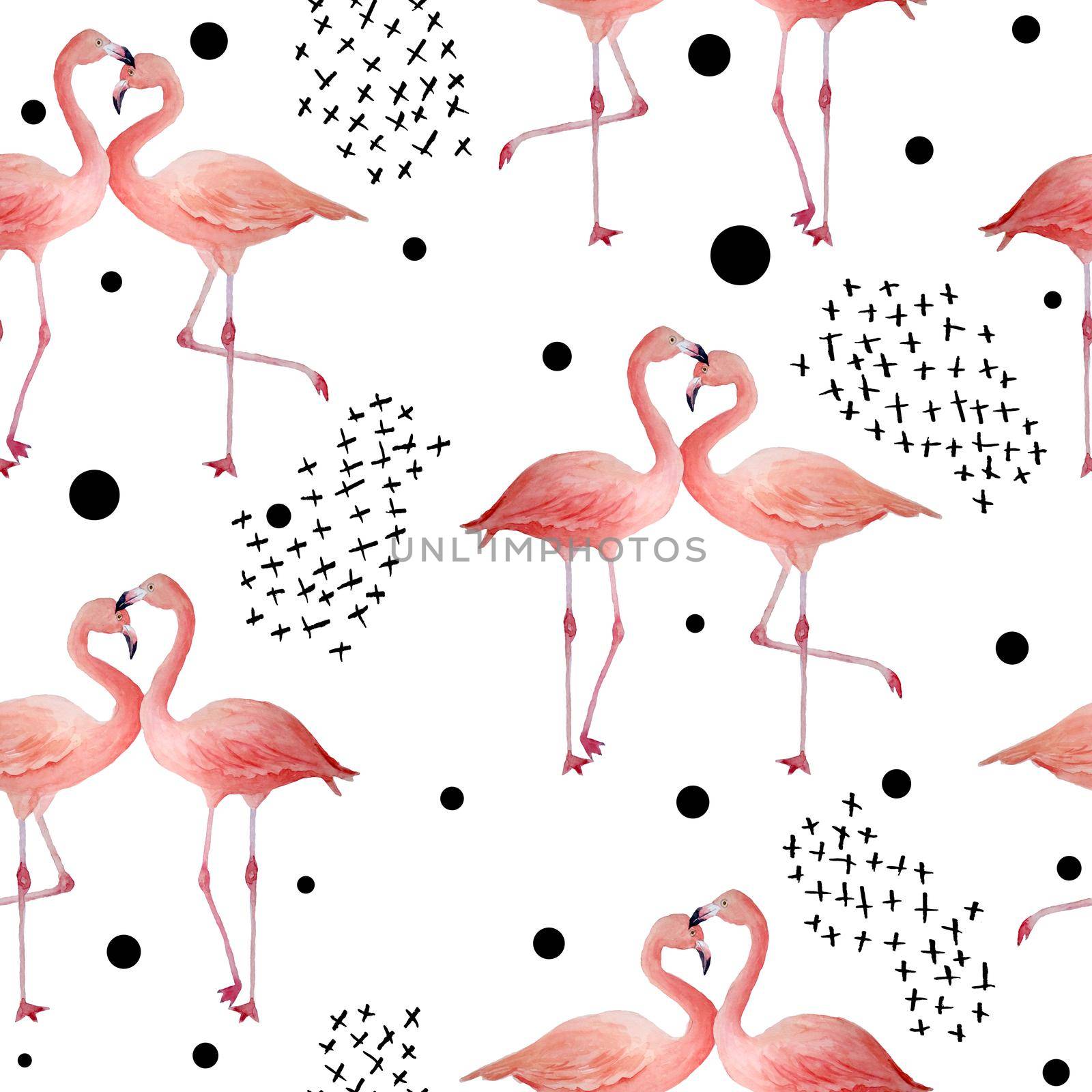 Seamless pattern of pink flamingo with black trendy contemporary background. Romantic couple in love.Tropical exotic bird rose flamingos. Watercolor hand drawn animal illustration. Modern bird textile. by Lagmar