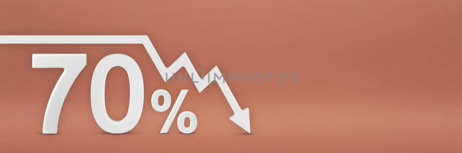 seventy percent, the arrow on the graph is pointing down. Stock market crash, bear market, inflation.Economic collapse, collapse of stocks.3d banner,70 percent discount sign on a red background