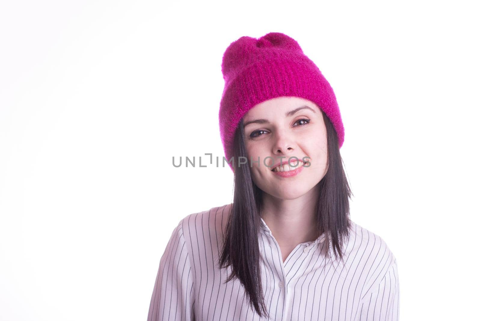woman in shirt and pink hat, white background. High quality photo