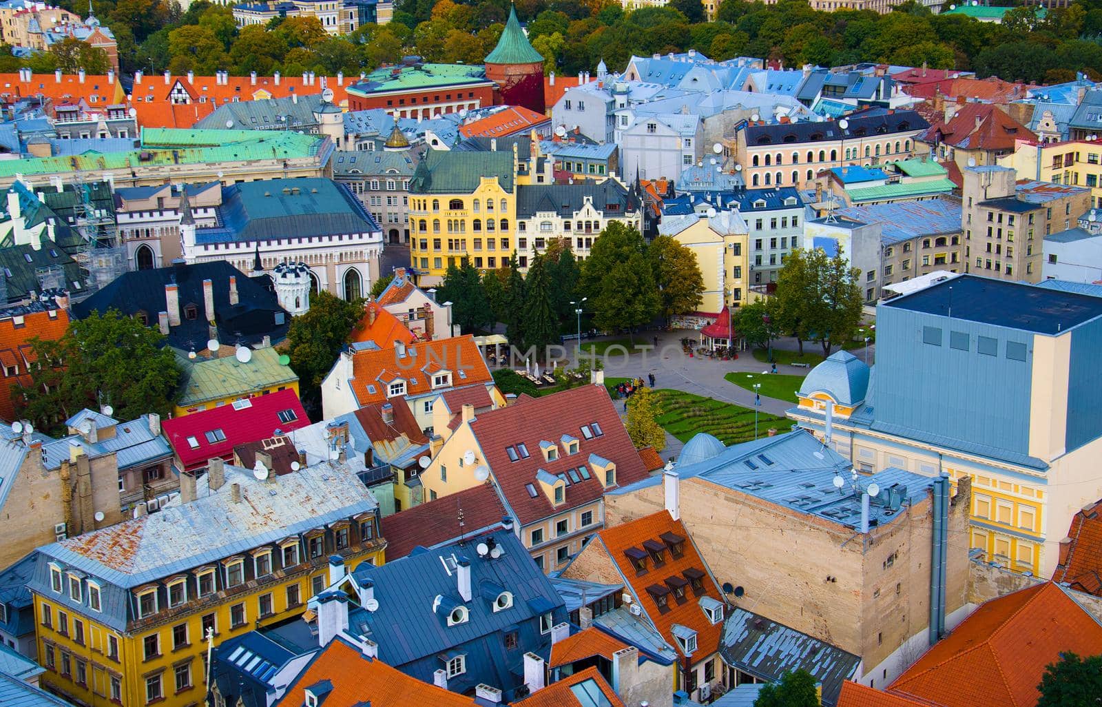 Top view of Riga Cityscape Old Town with colourful buildings from Saint Peter church, Riga, Latvia