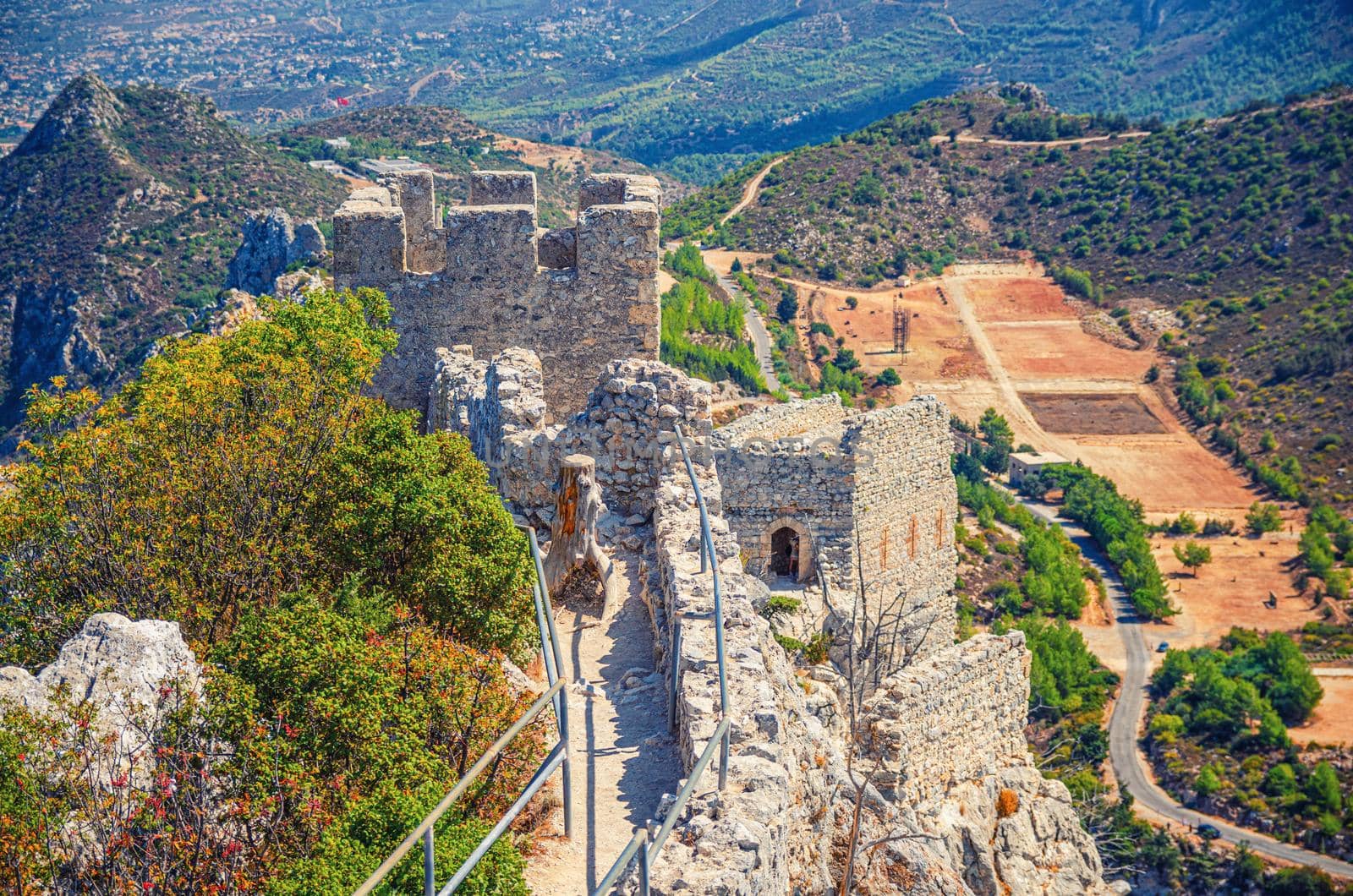 Saint Hilarion Castle medieval building with stone walls and tower in Kyrenia Girne mountains, Northern Cyprus