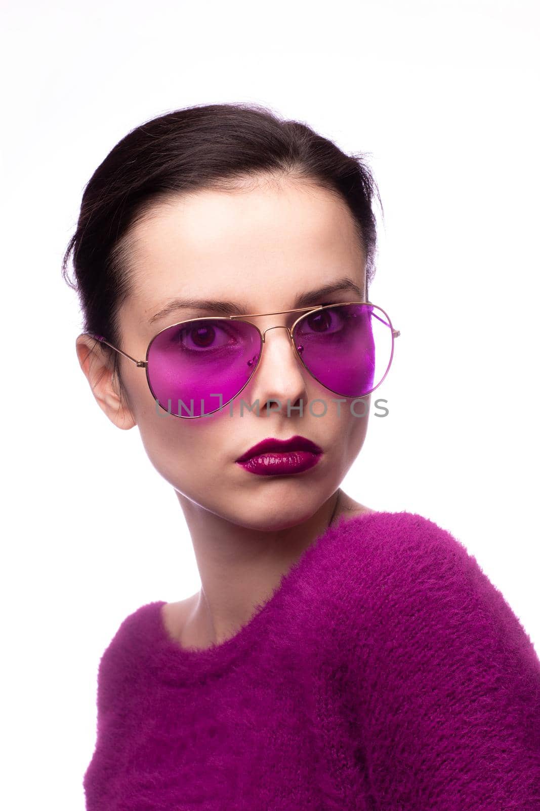 female in a purple sweater, purple glasses with purple lipstick on her lips by shilovskaya