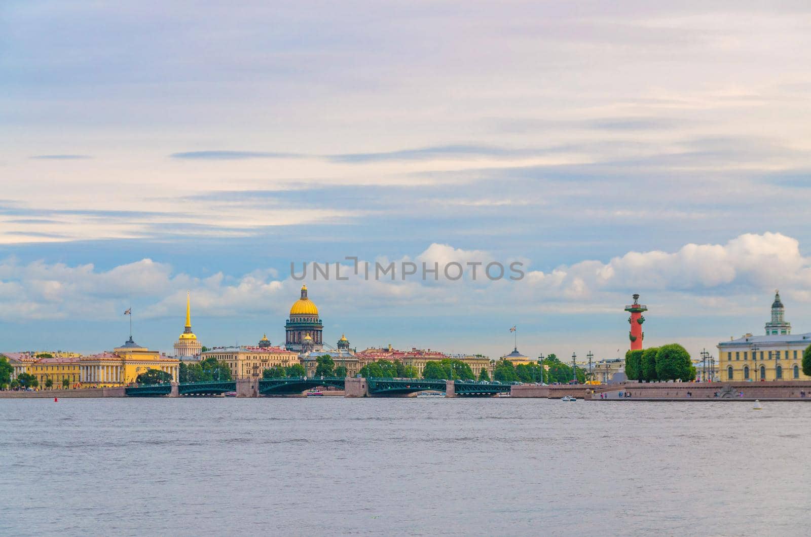 Cityscape of Saint Petersburg Leningrad city with Palace Bridge bascule bridge across Neva river, Saint Isaac's Cathedral, Strelka Arrow of Vasilyevsky Island and Rostral Columns, Russia