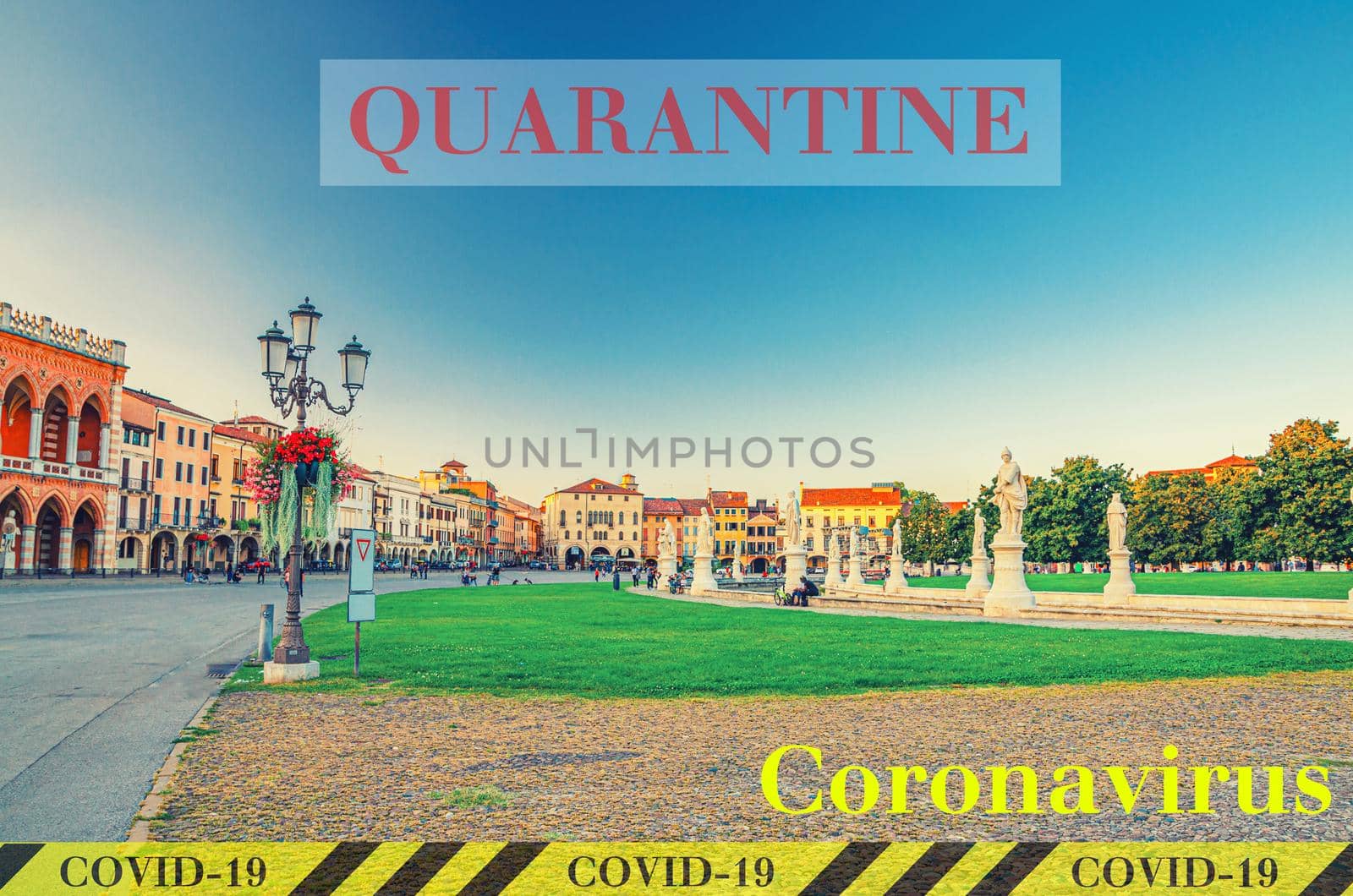 Quarantine in Italy. Padua cityscape with statues near small canal. No travel and lockdown concept. Coronavirus outbreak Covid-19 pandemic concept. Canceled tourist vacation. Yellow black tape.