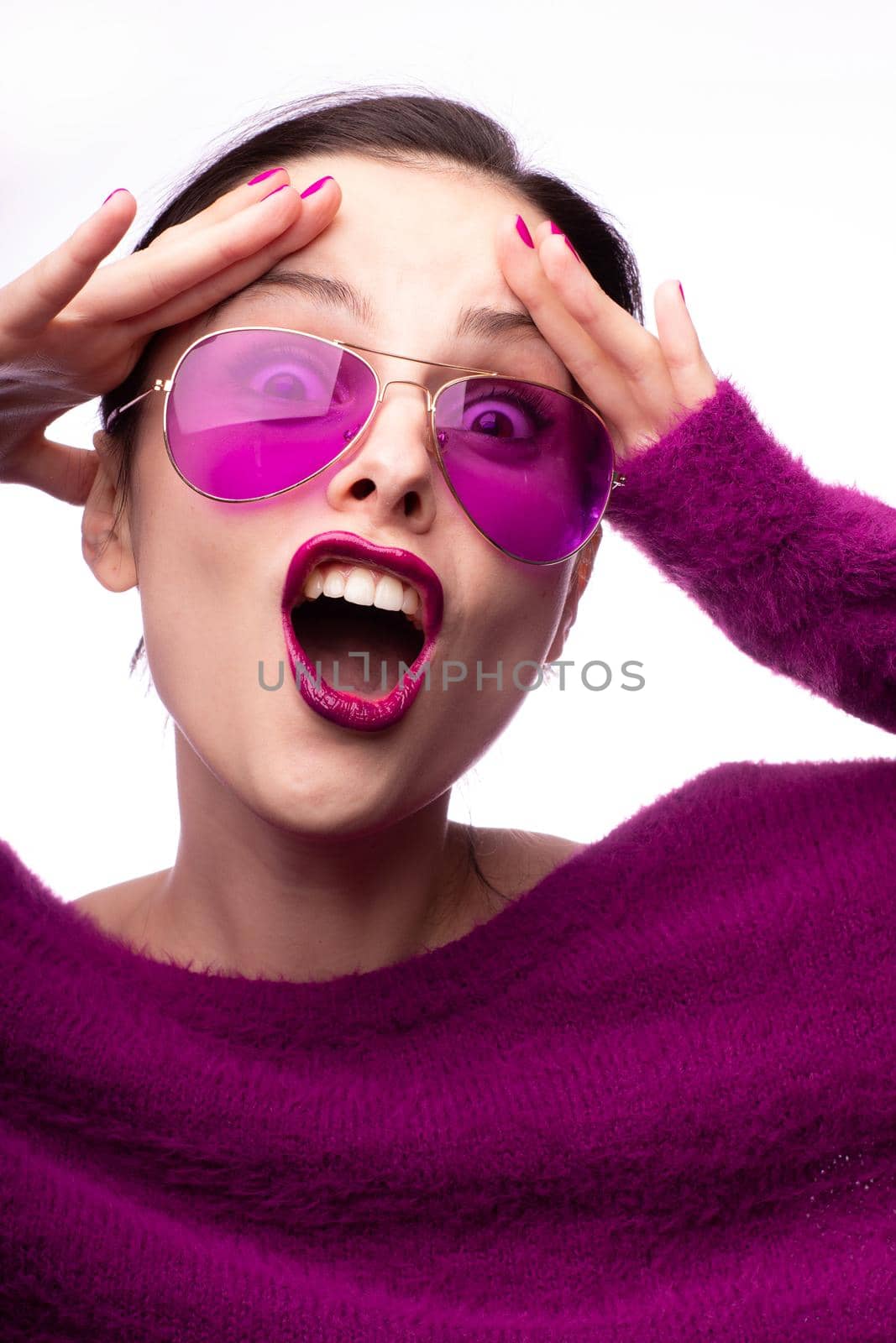 female in a purple sweater, purple glasses with purple lipstick on her lips by shilovskaya
