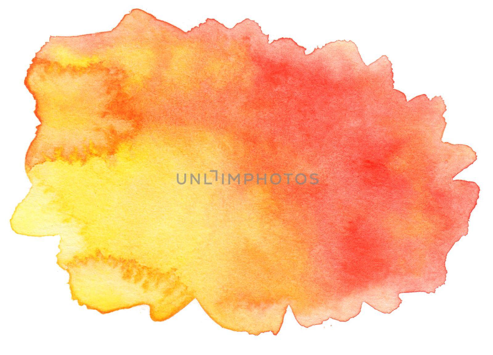 Abstract red yellow gradient watercolor splash texture isolated on white background. Bright paint stain drops. Abstract illustration, banner, poster for text, decoration element