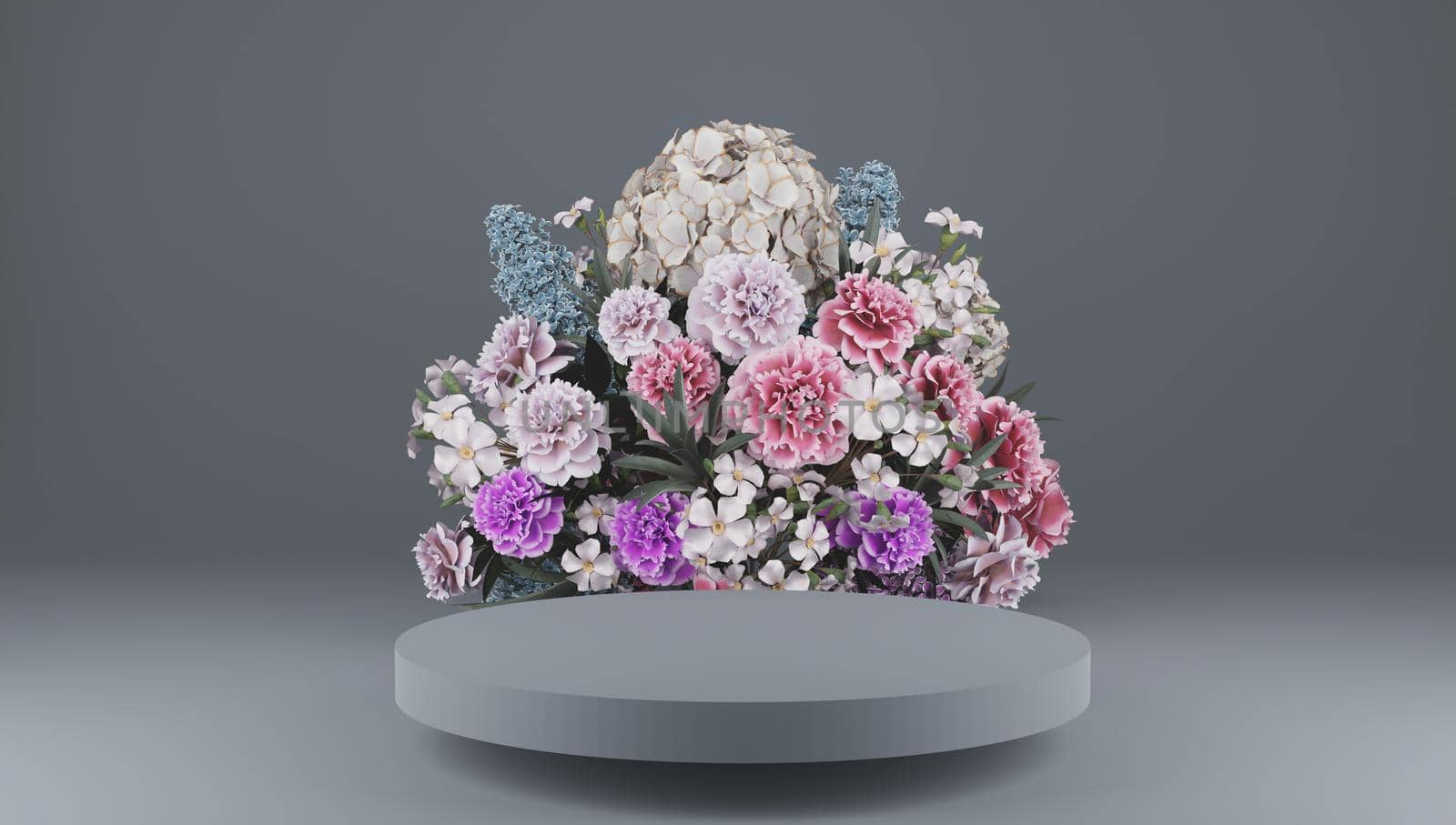 3D rendering multi flower background colors with geometric shape podium for product display, minimal concept, Premium illustration pastel floral elements, beauty, cosmetic, valentines day