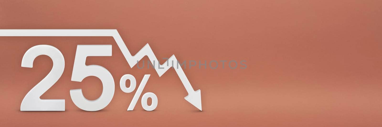 twenty-five percent, the arrow on the graph is pointing down. Stock market crash, bear market, inflation.Economic collapse, collapse of stocks. 3d banner, 25 percent discount sign on a red background. by SERSOL