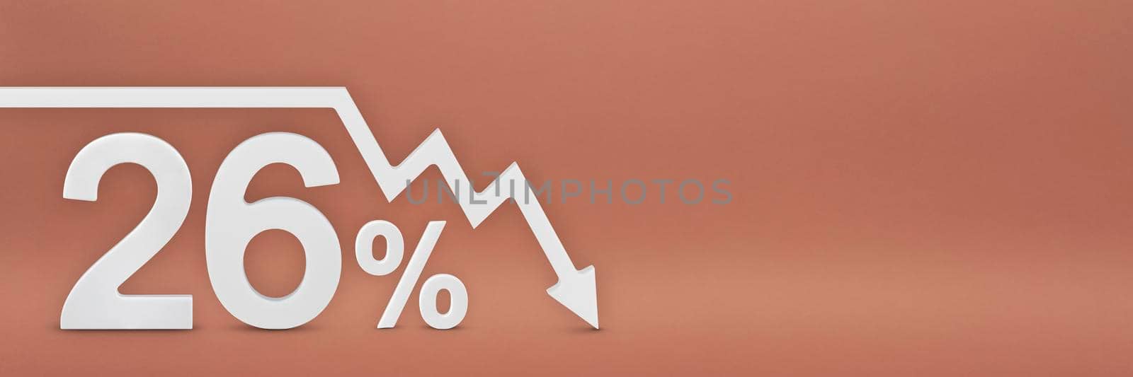 twenty-six percent, the arrow on the graph is pointing down. Stock market crash, bear market, inflation.Economic collapse, collapse of stocks. 3d banner, 26 percent discount sign on a red background