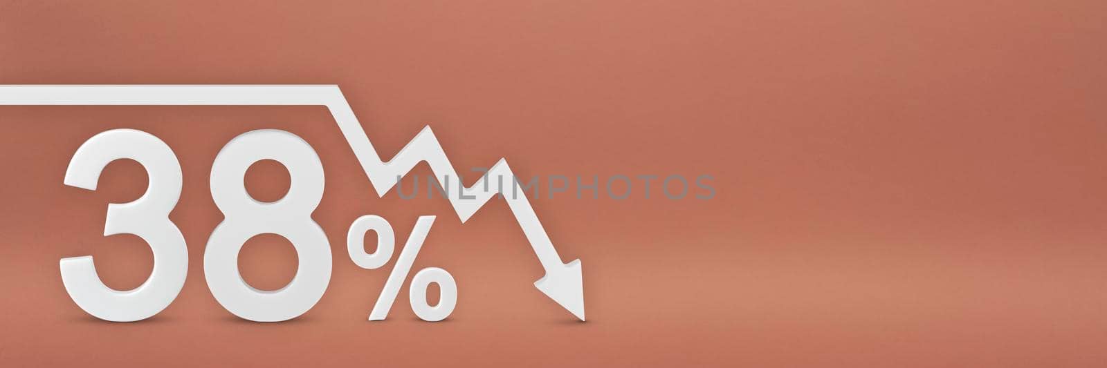 thirty-eight percent, the arrow on the graph is pointing down. Stock market crash, bear market, inflation.Economic collapse, collapse of stocks.3d banner,38 percent discount sign on a red background