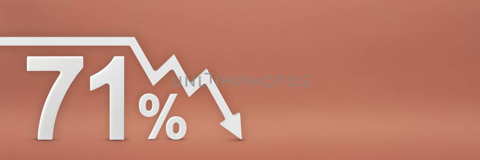 seventy-one percent, the arrow on the graph is pointing down. Stock market crash, bear market, inflation.Economic collapse, collapse of stocks.3d banner,71 percent discount sign on a red background