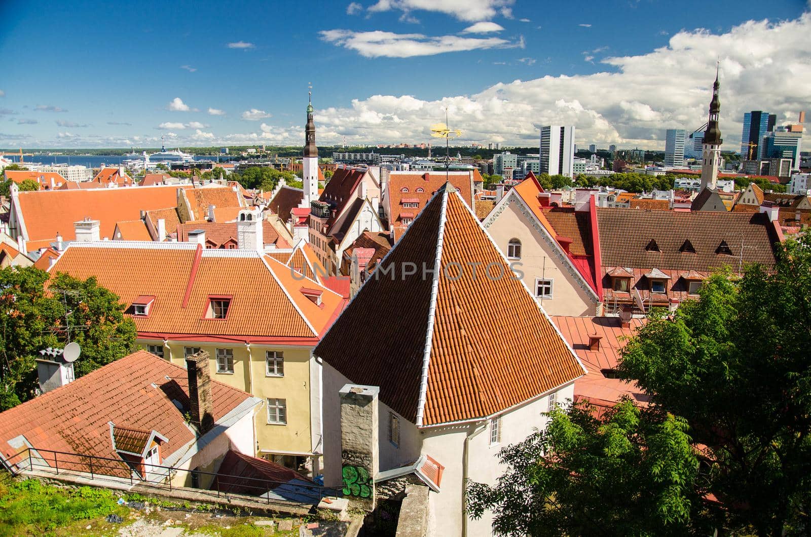 Panoramic view of Old Town of Tallinn with traditional red tile roofs, medieval churches, towers and walls, from Kohtuotsa Vaateplatvorm Toompea Hill, Estonia