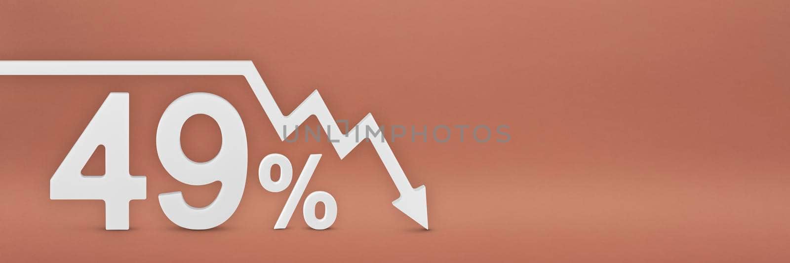forty-nine percent, the arrow on the graph is pointing down. Stock market crash, bear market, inflation.Economic collapse, collapse of stocks.3d banner,49 percent discount sign on a red background