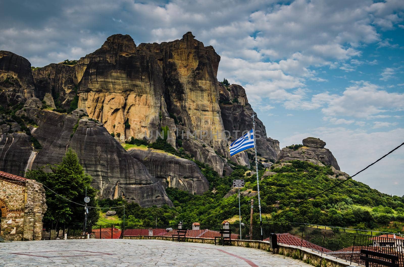 Meteora Rocks with famous monasteries seen from town Kalabaka, Greece