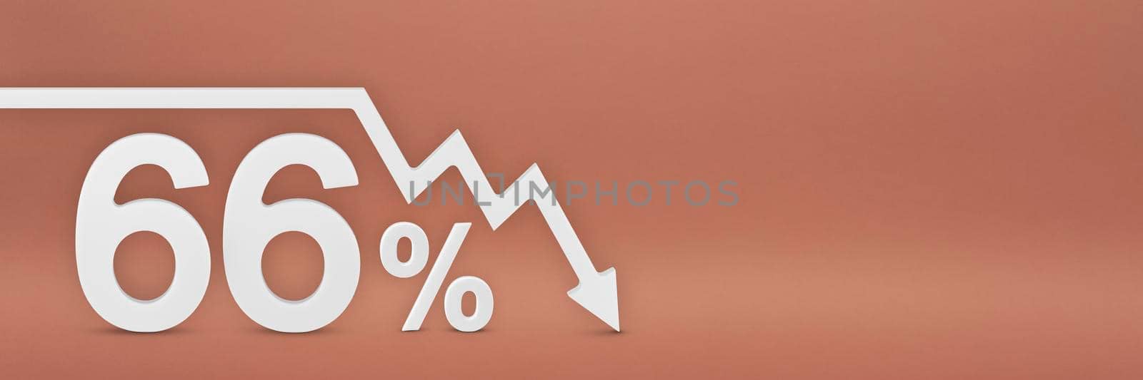 sixty-six percent, the arrow on the graph is pointing down. Stock market crash, bear market, inflation.Economic collapse, collapse of stocks.3d banner,66 percent discount sign on a red background