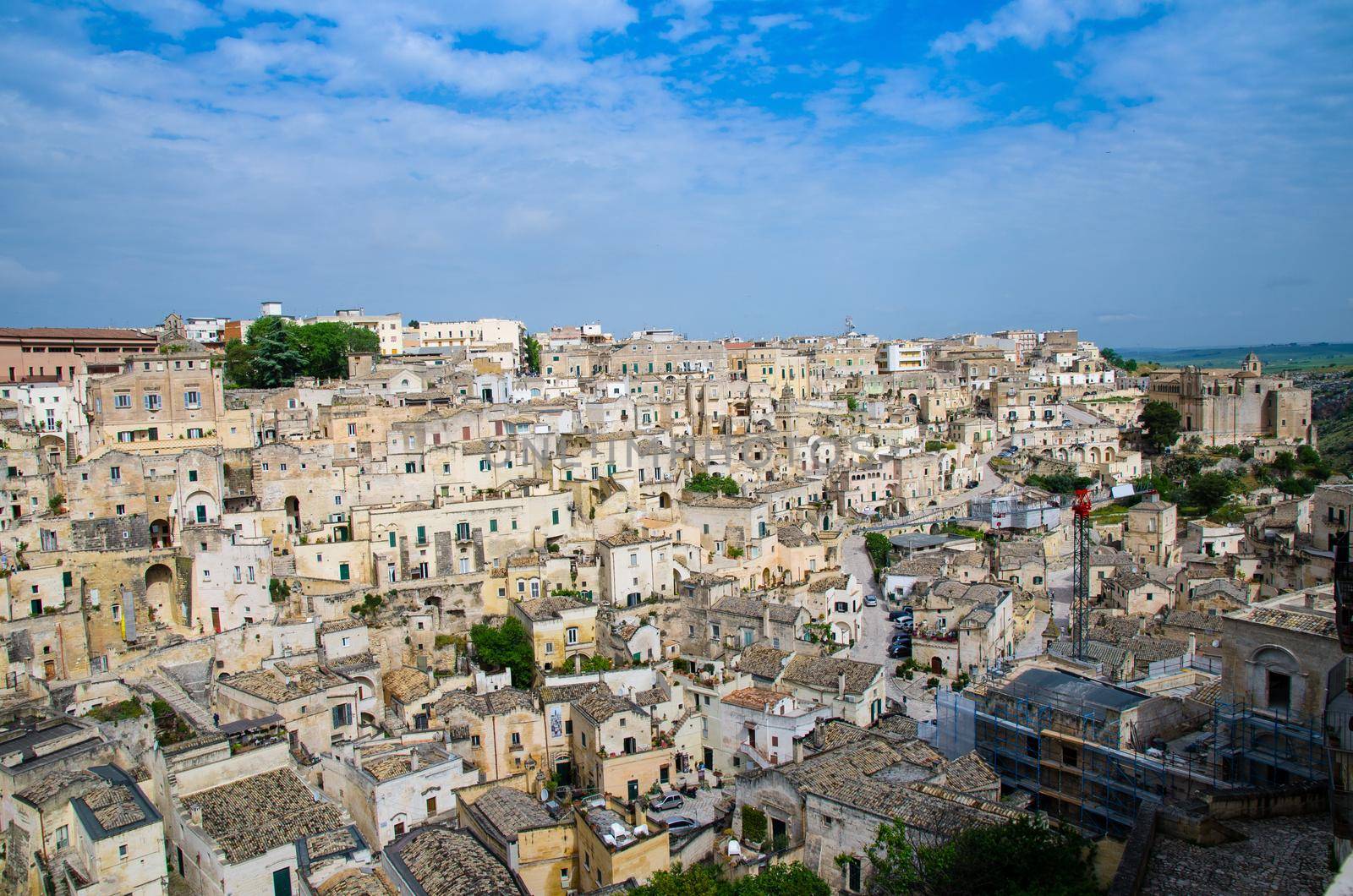 Matera panoramic view of historical centre Sasso Barisano of old ancient town Sassi di Matera with rock cave houses, European Capital of Culture, UNESCO World Heritage Site, Basilicata, Southern Italy