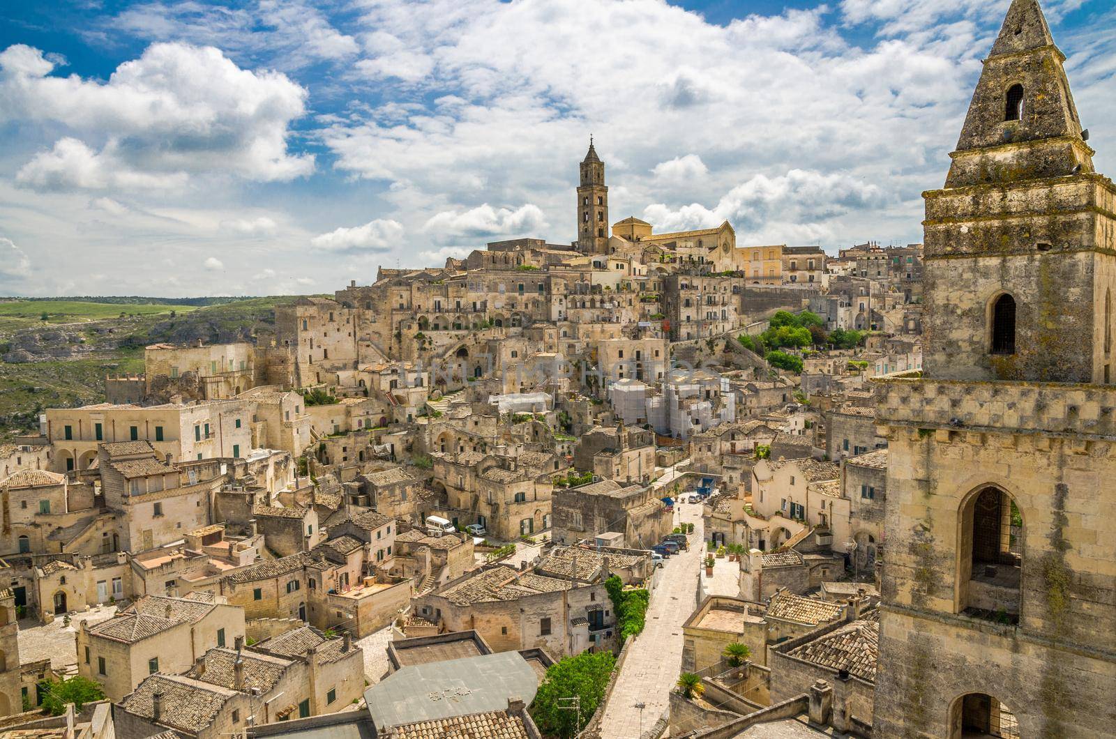Matera panoramic view of historical centre Sasso Barisano of old ancient town Sassi di Matera with rock cave houses, European Capital of Culture, UNESCO World Heritage Site, Basilicata, Southern Italy