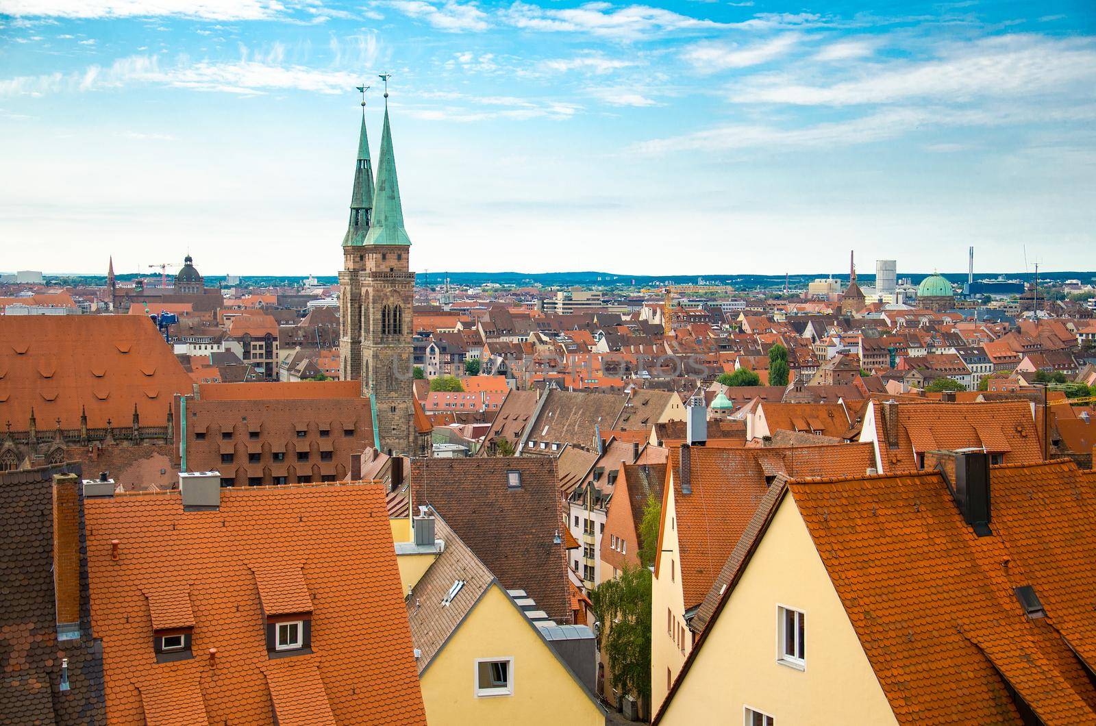 Panoramic view with roofs of the historic old city of Nuremberg Nurnberg, Mittelfranken region, Bavaria, Germany