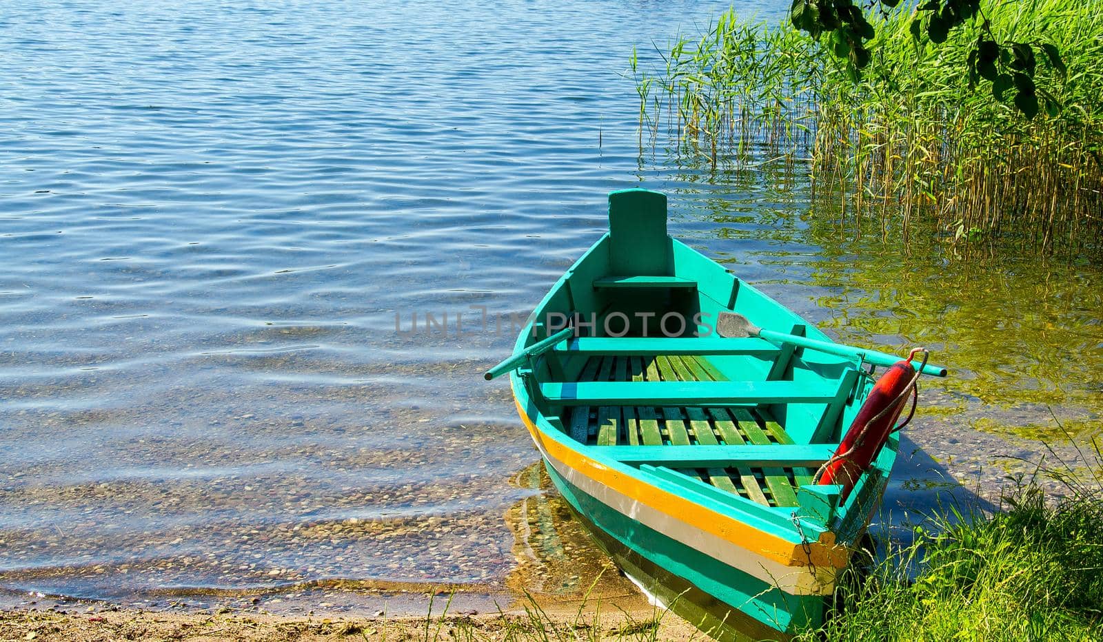 Colourful green fishing boat with paddles on grasses reeds shore of lake Galve near Trakai Island Castle, Lithuania