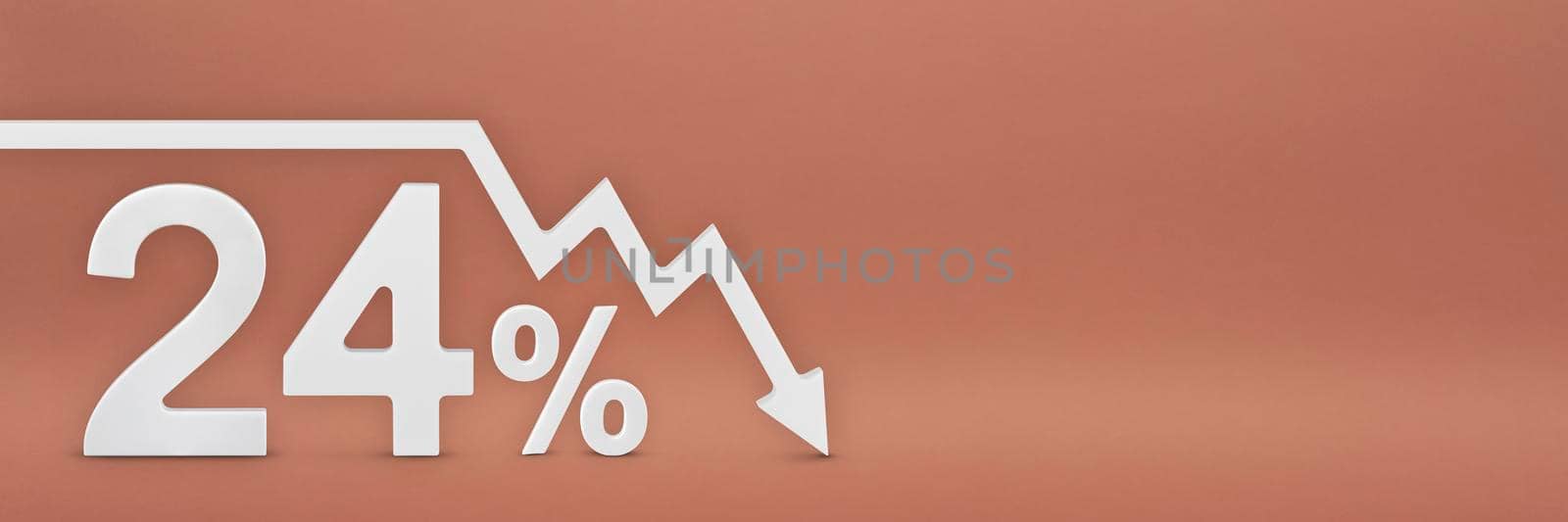 twenty-four percent, the arrow on the graph is pointing down. Stock market crash, bear market, inflation.Economic collapse, collapse of stocks. 3d banner, 24 percent discount sign on a red background. by SERSOL