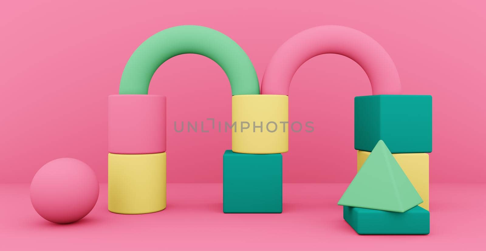 3d rendering of an abstract background with shapes. Composition for product presentation, brand, product advertising. Children's figures.