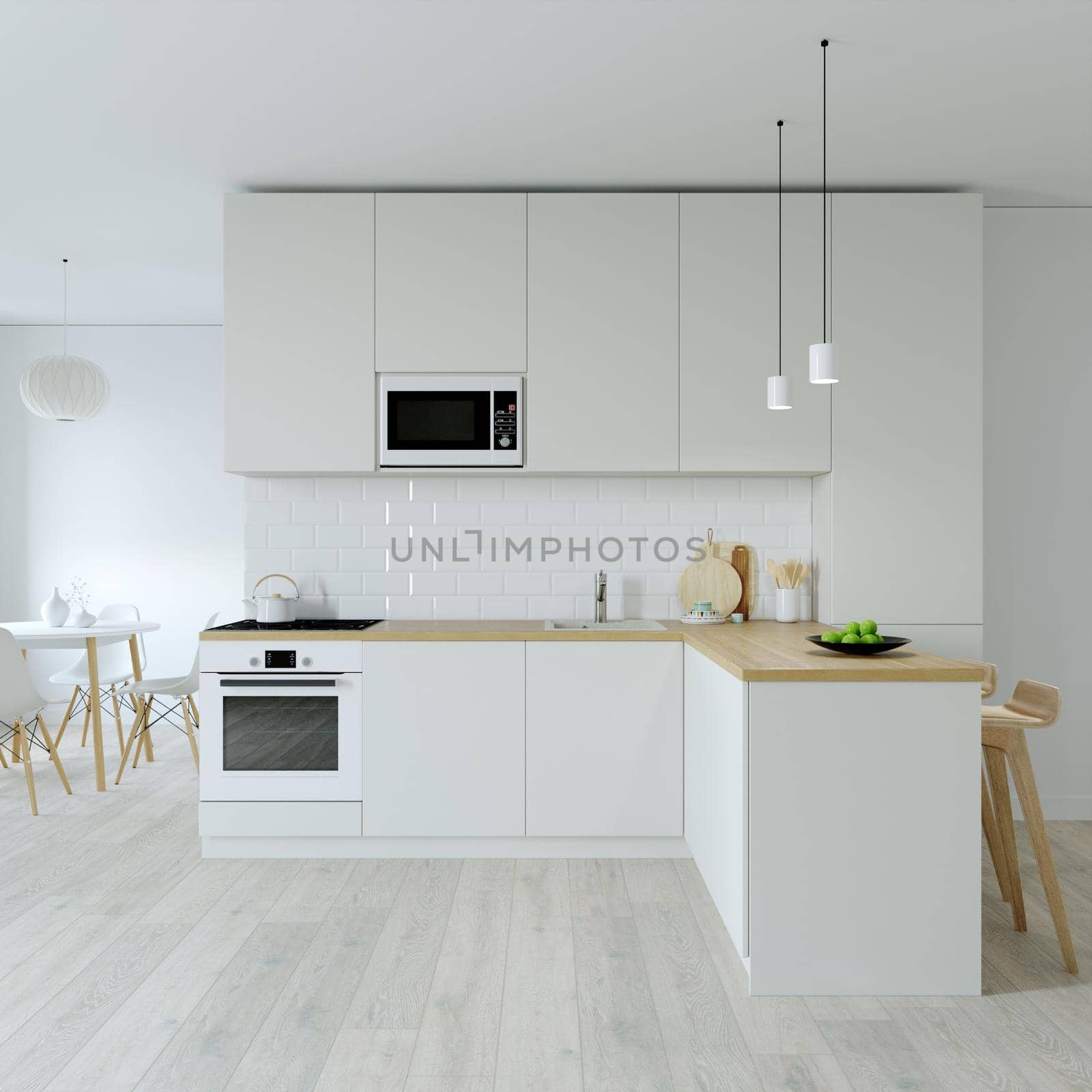Kitchen interier. 3D rendering of a bright kitchen. Kitchen with an empty wall. Accessories for the catalog.