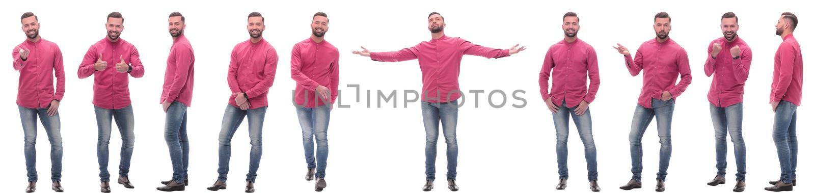 collage of photos of a handsome man in a red shirt. isolated on a white background