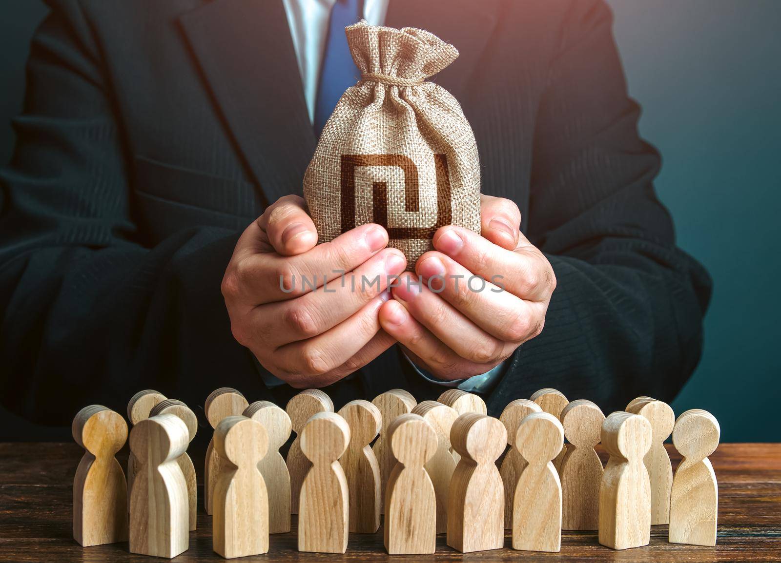 Businessman holds out a israeli shekel money bag to the crowd. Financial support. Tax collection. Compensation payments. Providing money, paying salaries and grants. Official. Staff maintenance.