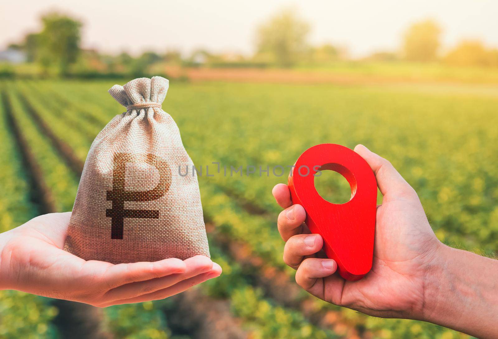 Hands with location pin and russian ruble money bag. Estimation cost of plots. Agriculture agribusiness. Transport and construction industry. Buying and selling land. Land market. by iLixe48